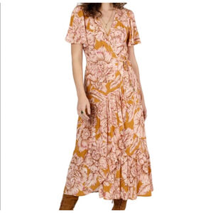 Band Of The Free Gold Blush V-Neck Hi Low Wrap Floral Dress Size Medium NWT